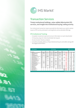 Transaction Services Timely Institutional Holdings, Value-Added Aftermarket IPO Services, and Insight Into Institutional Buying/ Selling Activity