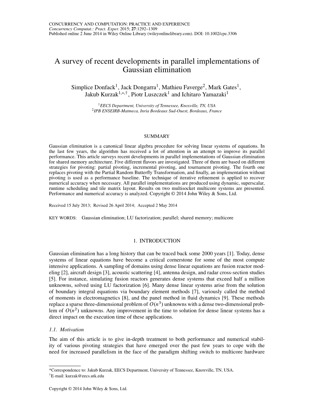 A Survey of Recent Developments in Parallel Implementations of Gaussian Elimination