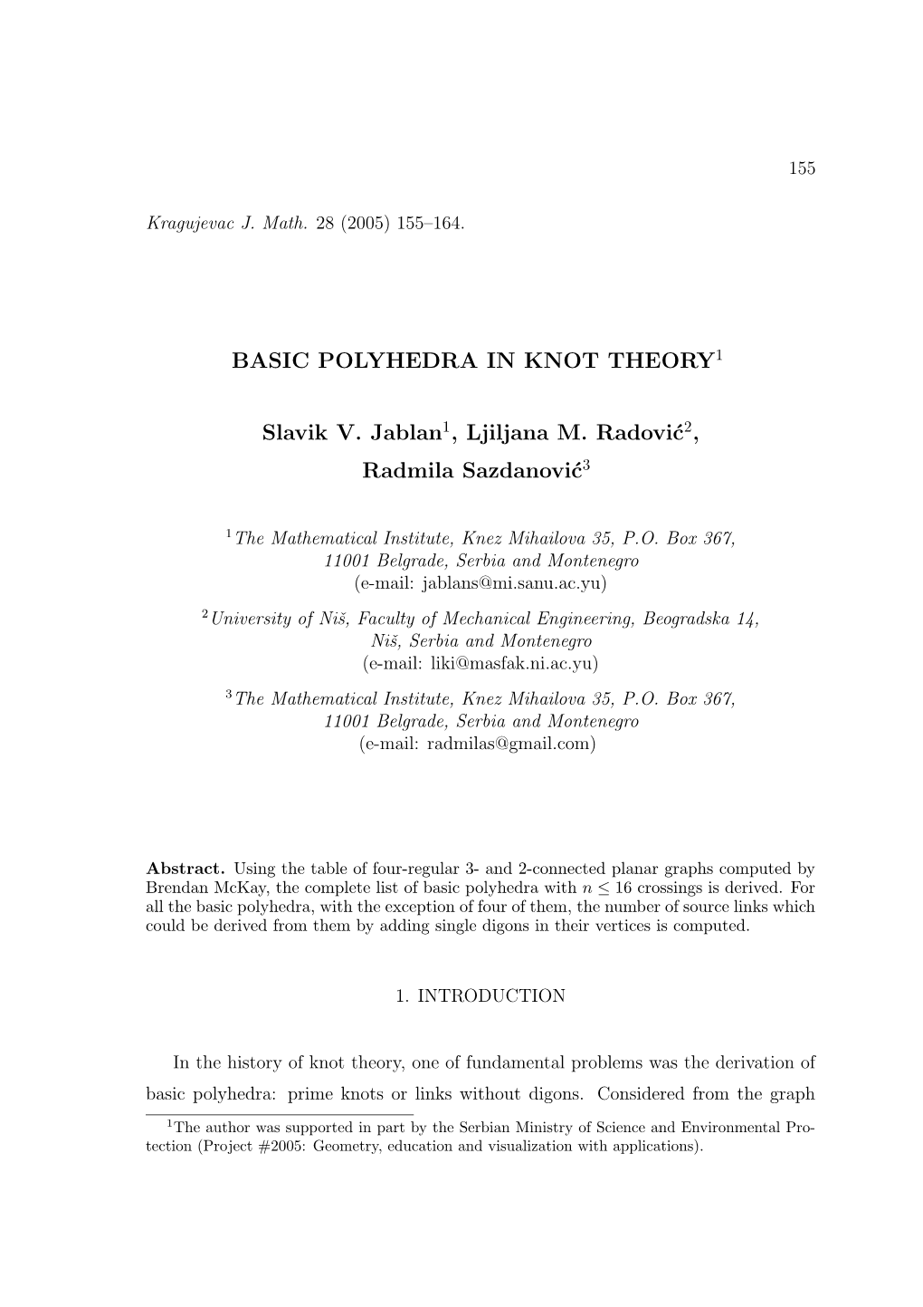 BASIC POLYHEDRA in KNOT THEORY1 Slavik V. Jablan1