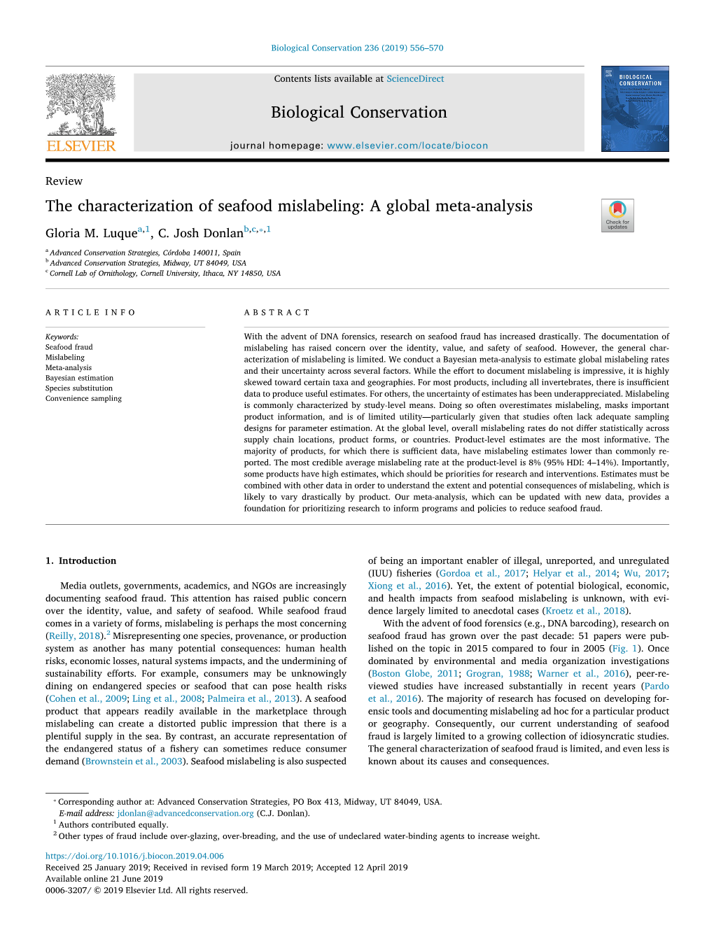 The Characterization of Seafood Mislabeling: a Global Meta-Analysis T ⁎ Gloria M