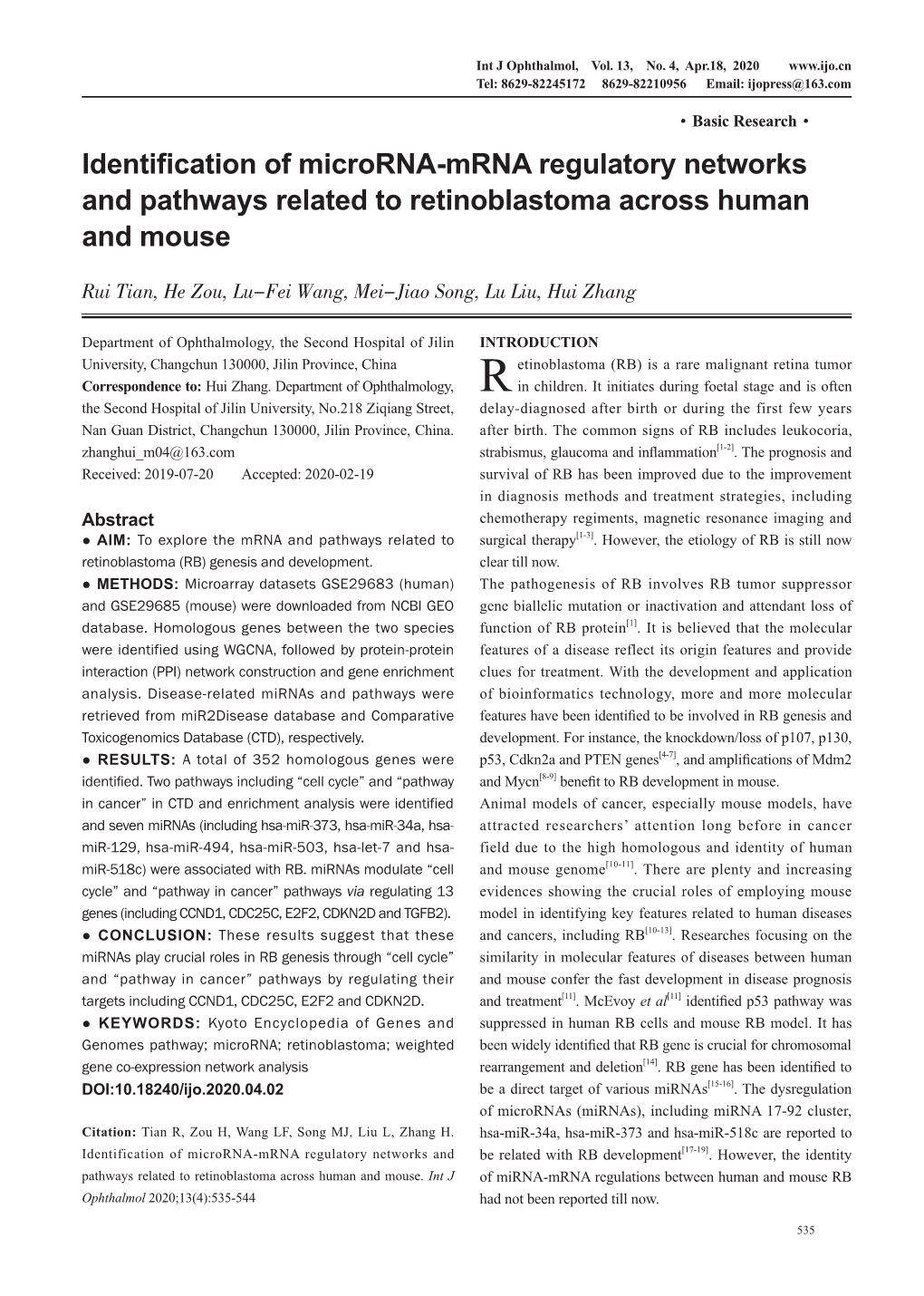 Identification of Microrna-Mrna Regulatory Networks and Pathways Related to Retinoblastoma Across Human and Mouse