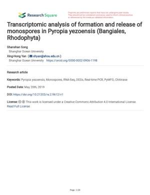 Transcriptomic Analysis of Formation and Release of Monospores in Pyropia Yezoensis (Bangiales, Rhodophyta)