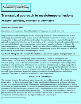 Transsulcal Approach to Mesiotemporal Lesions