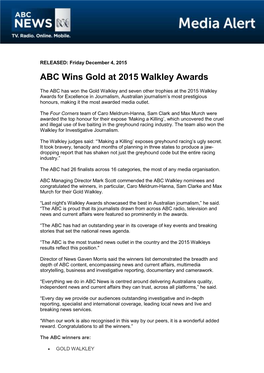 ABC Wins Gold at 2015 Walkley Awards