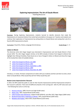 Exploring Impressionism: the Art of Claude Monet Teaching Resources