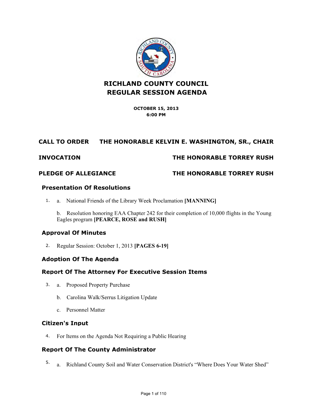 Richland County Council Regular Session Agenda