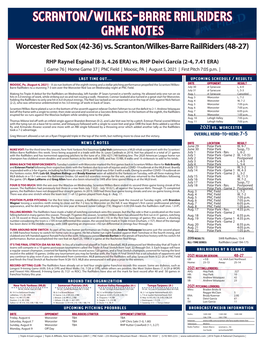 Scranton/Wilkes-Barre Railriders Game Notes Worcester Red Sox (42-36) Vs