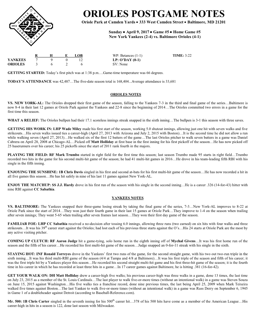 ORIOLES POSTGAME NOTES Oriole Park at Camden Yards  333 West Camden Street  Baltimore, MD 21201