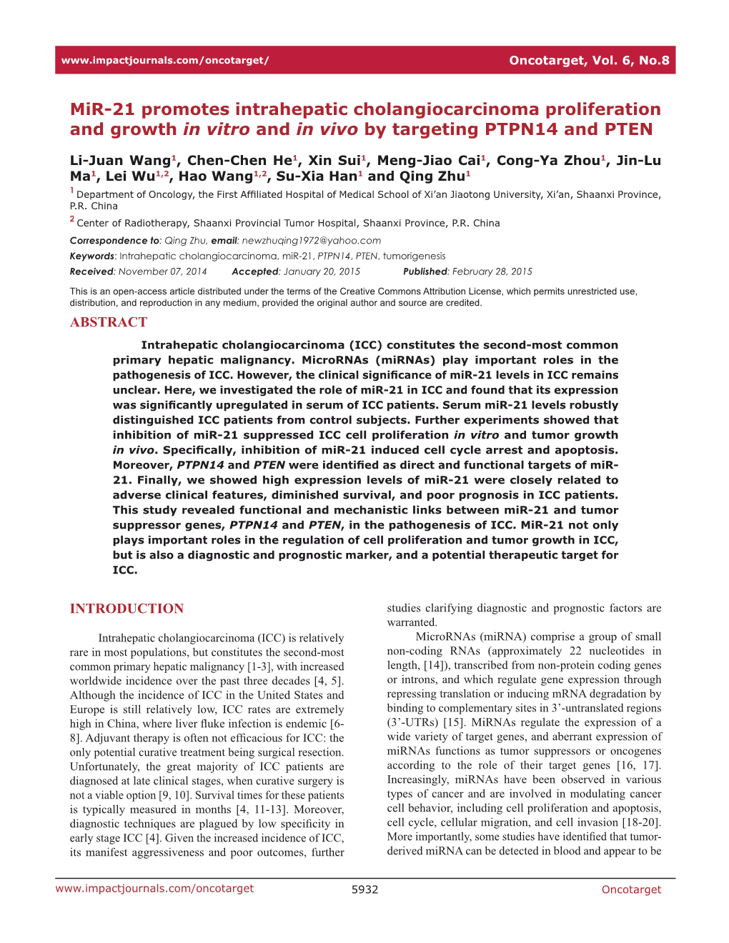 Mir-21 Promotes Intrahepatic Cholangiocarcinoma Proliferation and Growth in Vitro and in Vivo by Targeting PTPN14 and PTEN