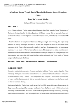A Study on Baiyun Temple Taoist Music in Jia County, Shaanxi Province, China