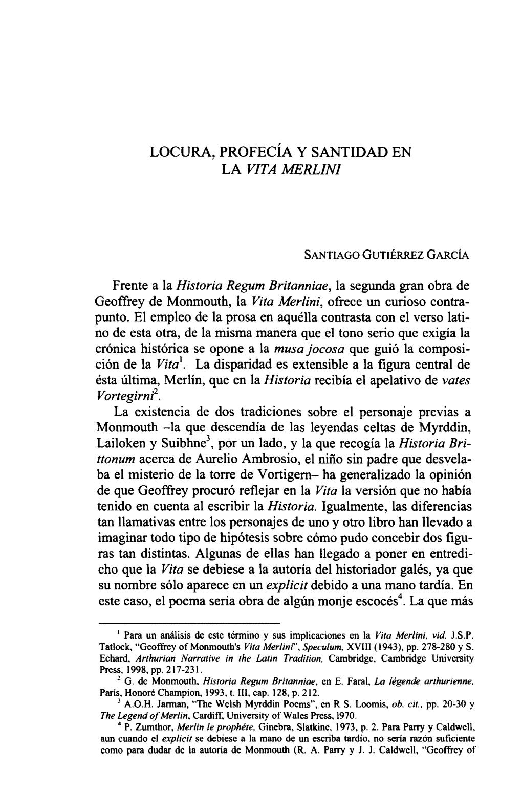 Locura, Profecía Y Santidad En La Vita Merlini