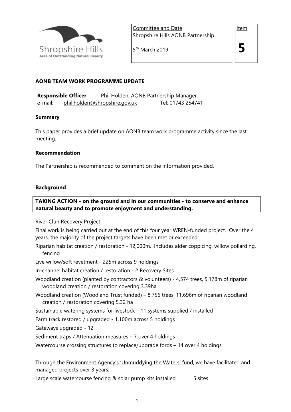 Committee and Date Shropshire Hills AONB Partnership 5Th March 2019