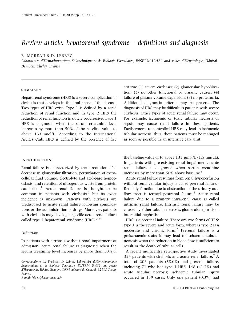 Review Article: Hepatorenal Syndrome – Definitions and Diagnosis