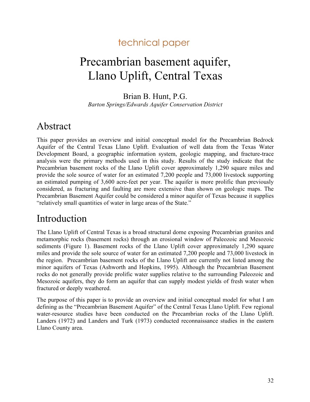 Precambrian Basement Aquifer, Llano Uplift, Central Texas