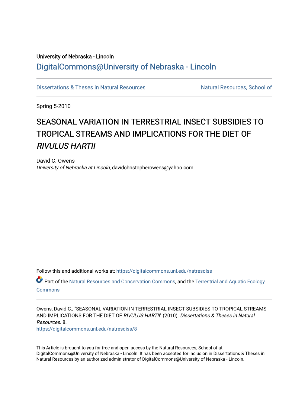 Seasonal Variation in Terrestrial Insect Subsidies to Tropical Streams and Implications for the Diet of Rivulus Hartii