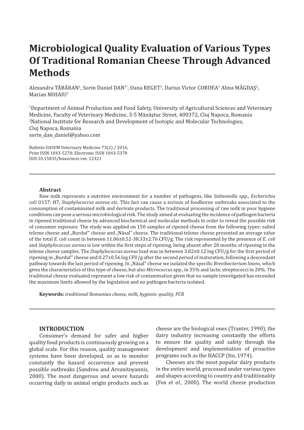 Microbiological Quality Evaluation of Various Types of Traditional Romanian Cheese Through Advanced Methods