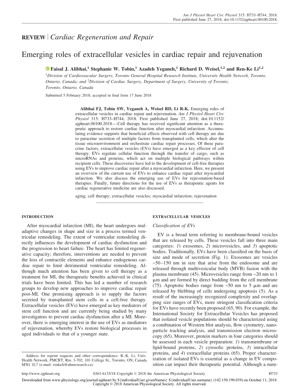 Emerging Roles of Extracellular Vesicles in Cardiac Repair and Rejuvenation