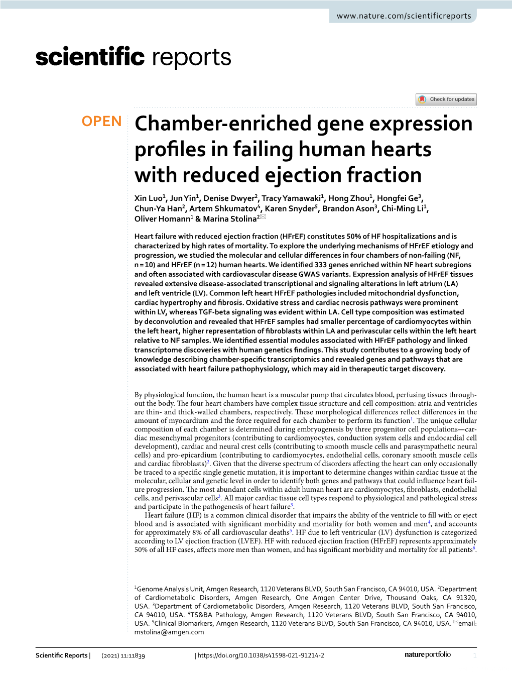 Chamber-Enriched Gene Expression Profiles in Failing Human Hearts with Reduced Ejection Fraction