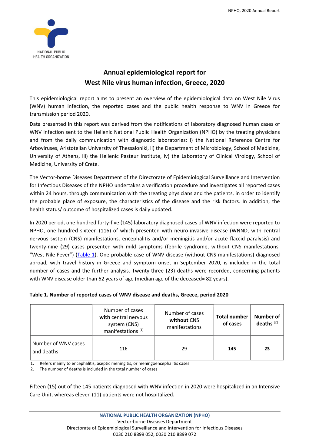 Epidemiological Data for WNV Infection Outbreak In