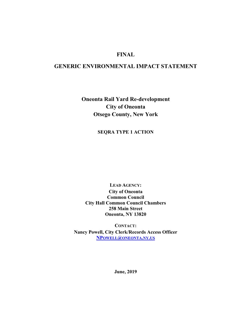 Final Generic Environmental Impact Statement Oneonta Rail Yard Re-Development