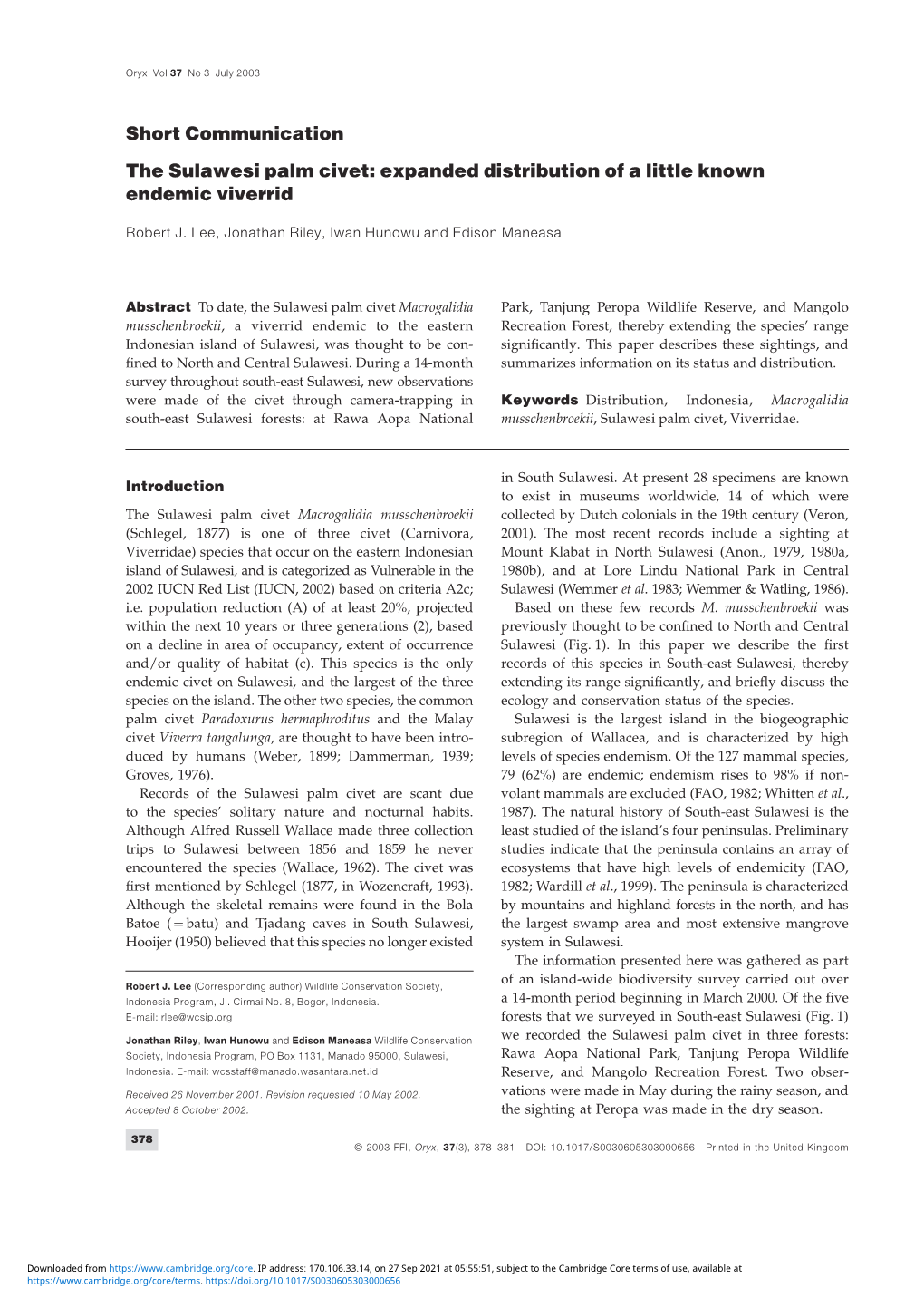 The Sulawesi Palm Civet: Expanded Distribution of a Little Known Endemic Viverrid