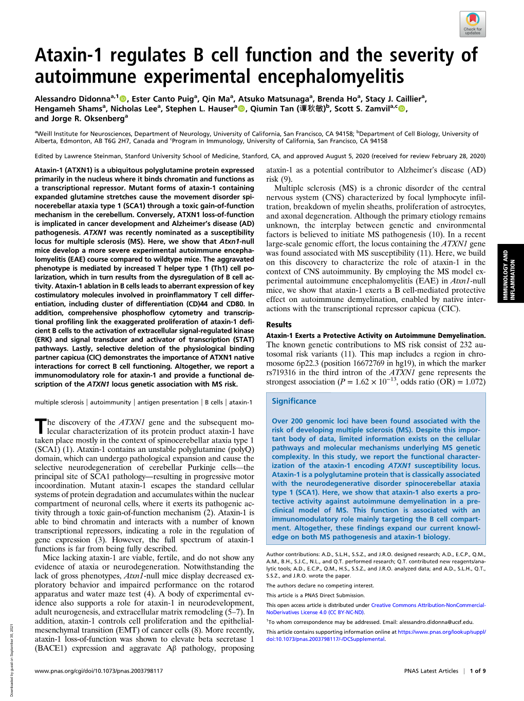 Ataxin-1 Regulates B Cell Function and the Severity of Autoimmune Experimental Encephalomyelitis