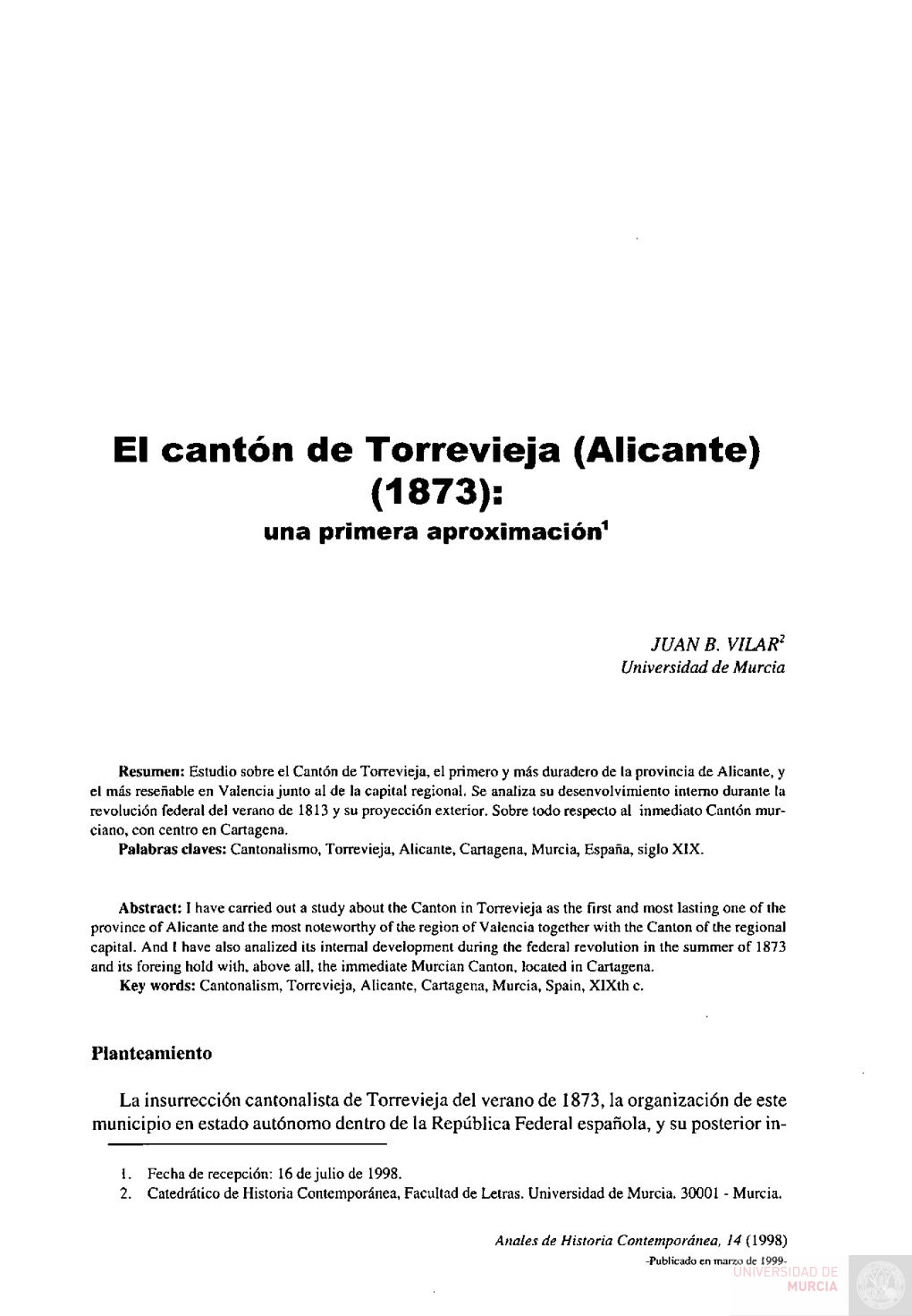 El Cantón De Torrevieja (Alicante) (1873): Una Primera Aproximación^