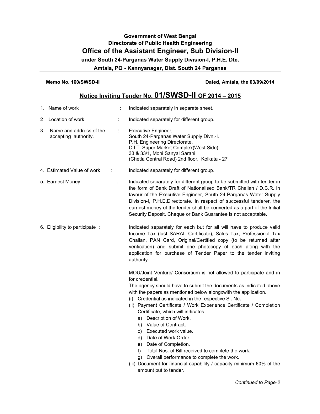 Office of the Assistant Engineer, Sub Division-II Under South 24-Parganas Water Supply Division-I, P.H.E