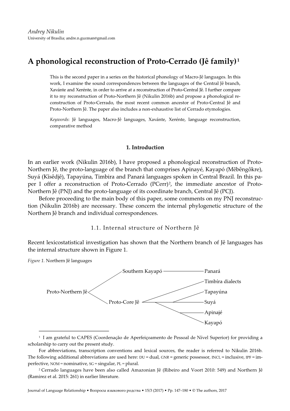 A Phonological Reconstruction of Proto-Cerrado (Jê Family) 1