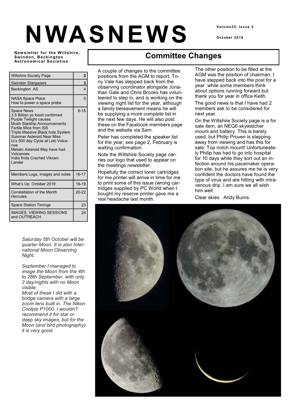 October 2019 Newsletter for the Wiltshire, Swindon, Beckington Committee Changes Astronomical Societies