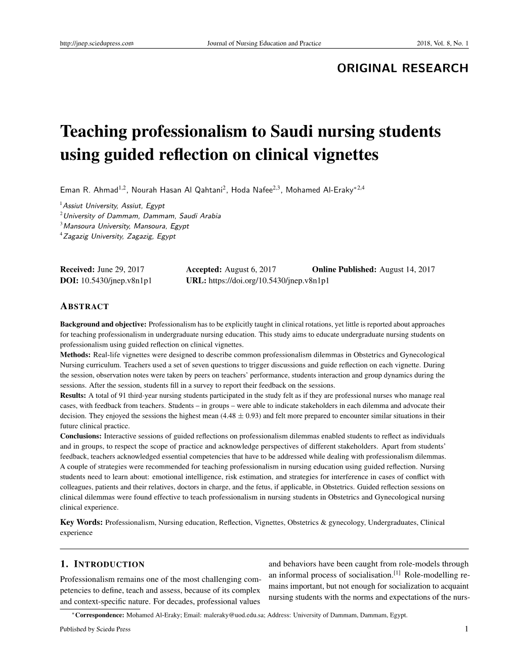Teaching Professionalism to Saudi Nursing Students Using Guided Reﬂection on Clinical Vignettes