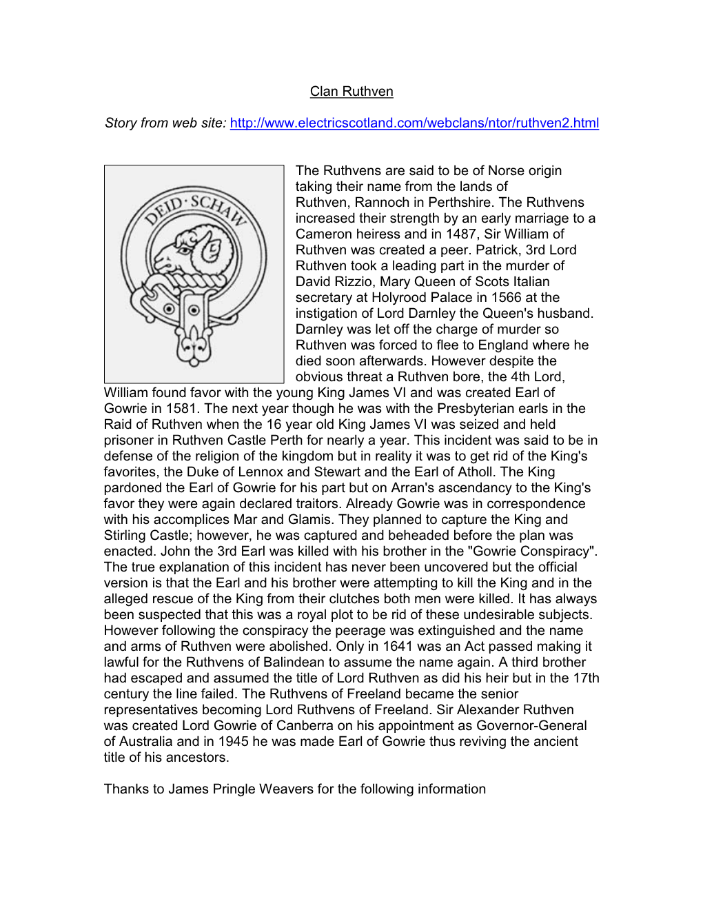 Clan Ruthven Story from Web Site