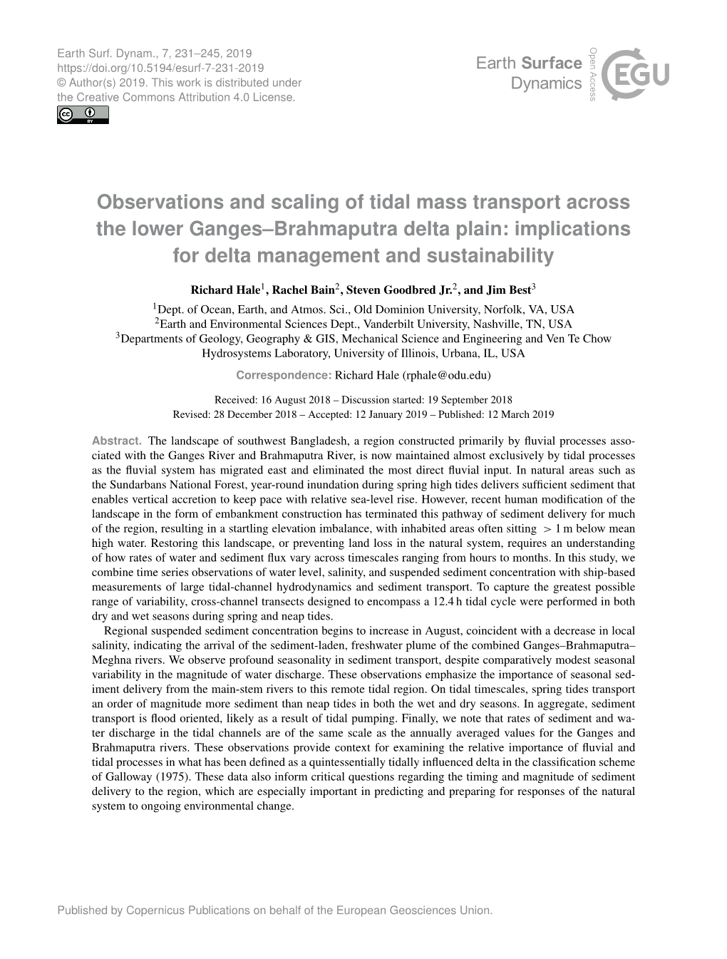 Observations and Scaling of Tidal Mass Transport Across the Lower Ganges–Brahmaputra Delta Plain: Implications for Delta Management and Sustainability