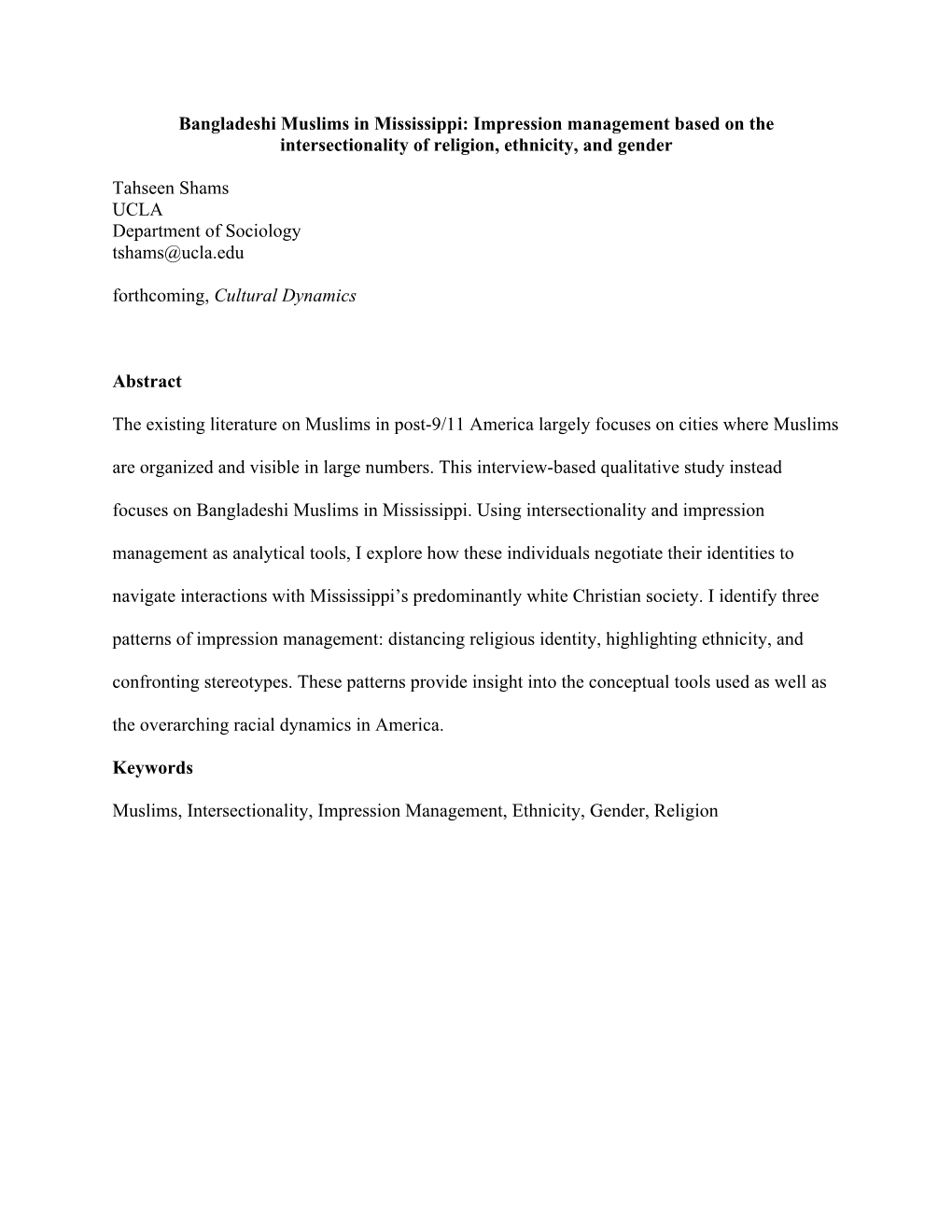 Bangladeshi Muslims in Mississippi: Impression Management Based on the Intersectionality of Religion, Ethnicity, and Gender