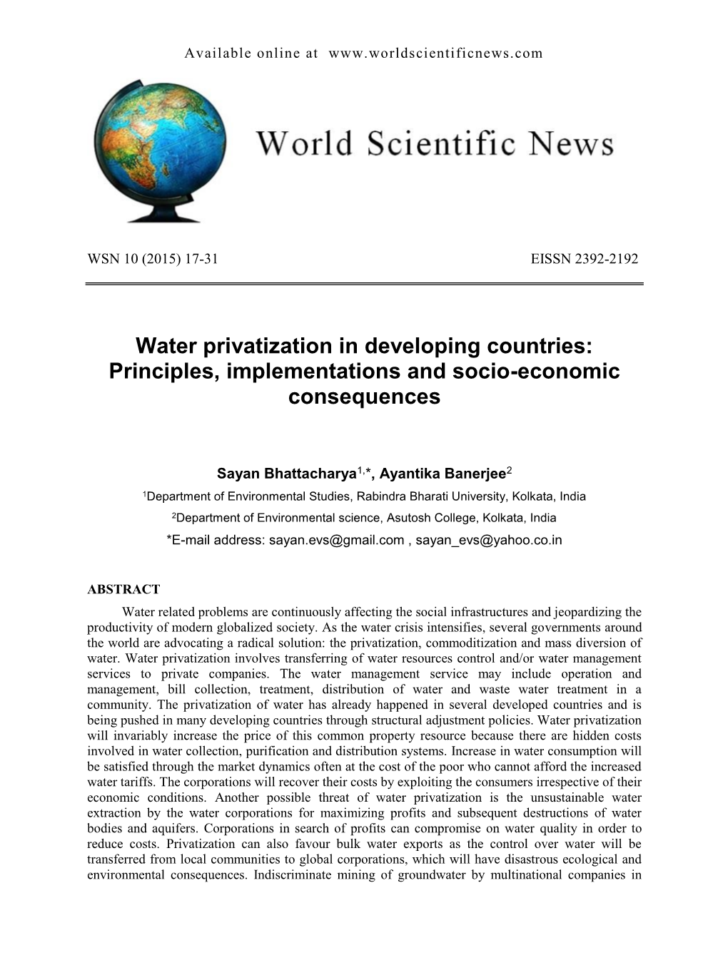 Water Privatization in Developing Countries: Principles, Implementations and Socio-Economic Consequences