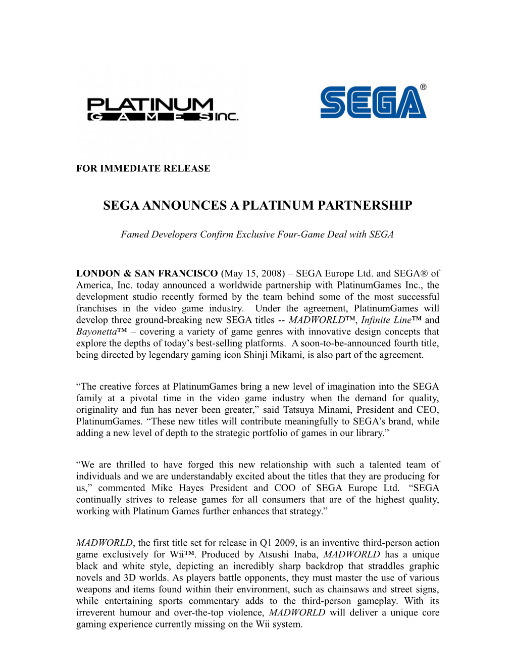 Sega Announces a Platinum Partnership