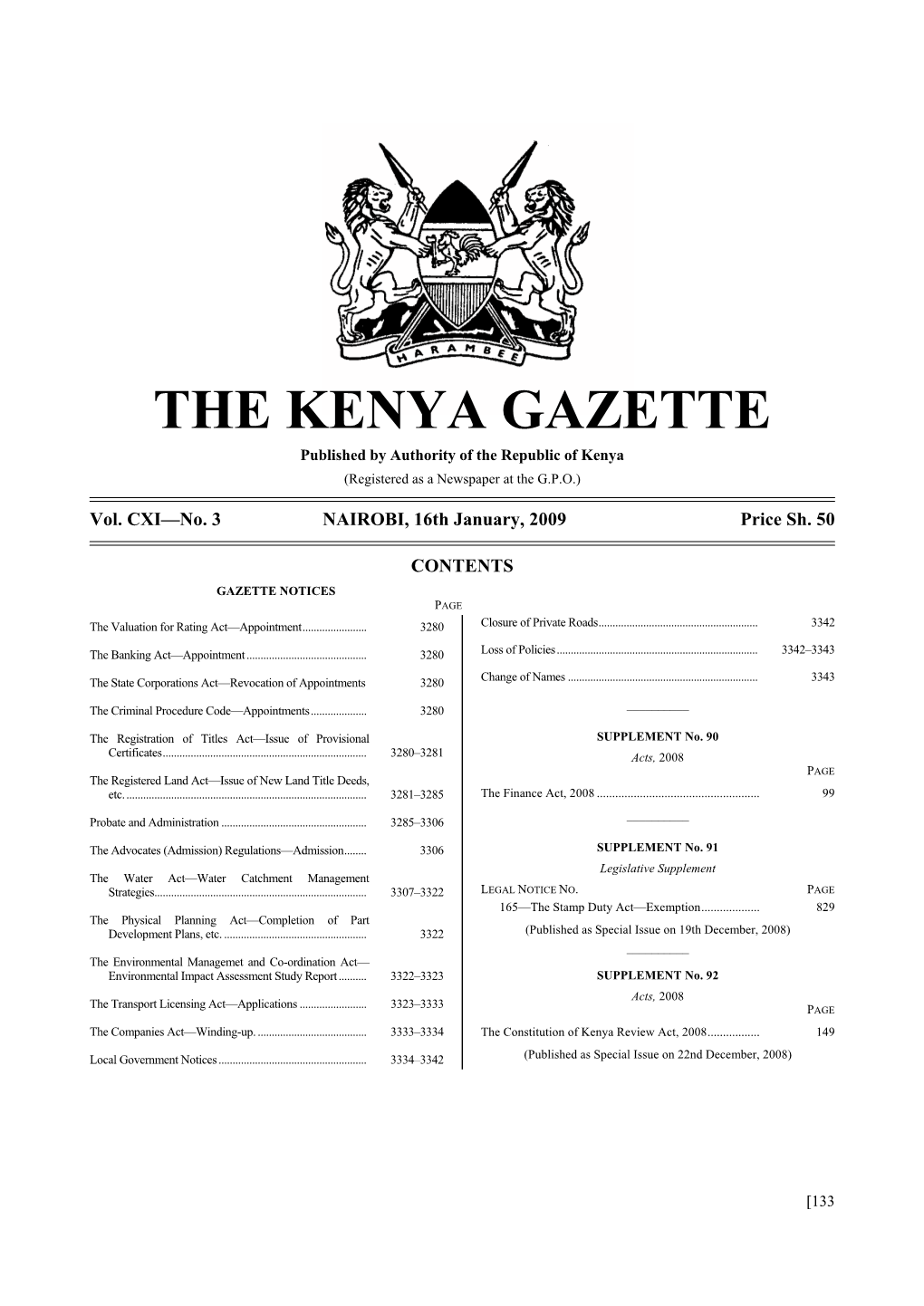 THE KENYA GAZETTE Published by Authority of the Republic of Kenya (Registered As a Newspaper at the G.P.O.)