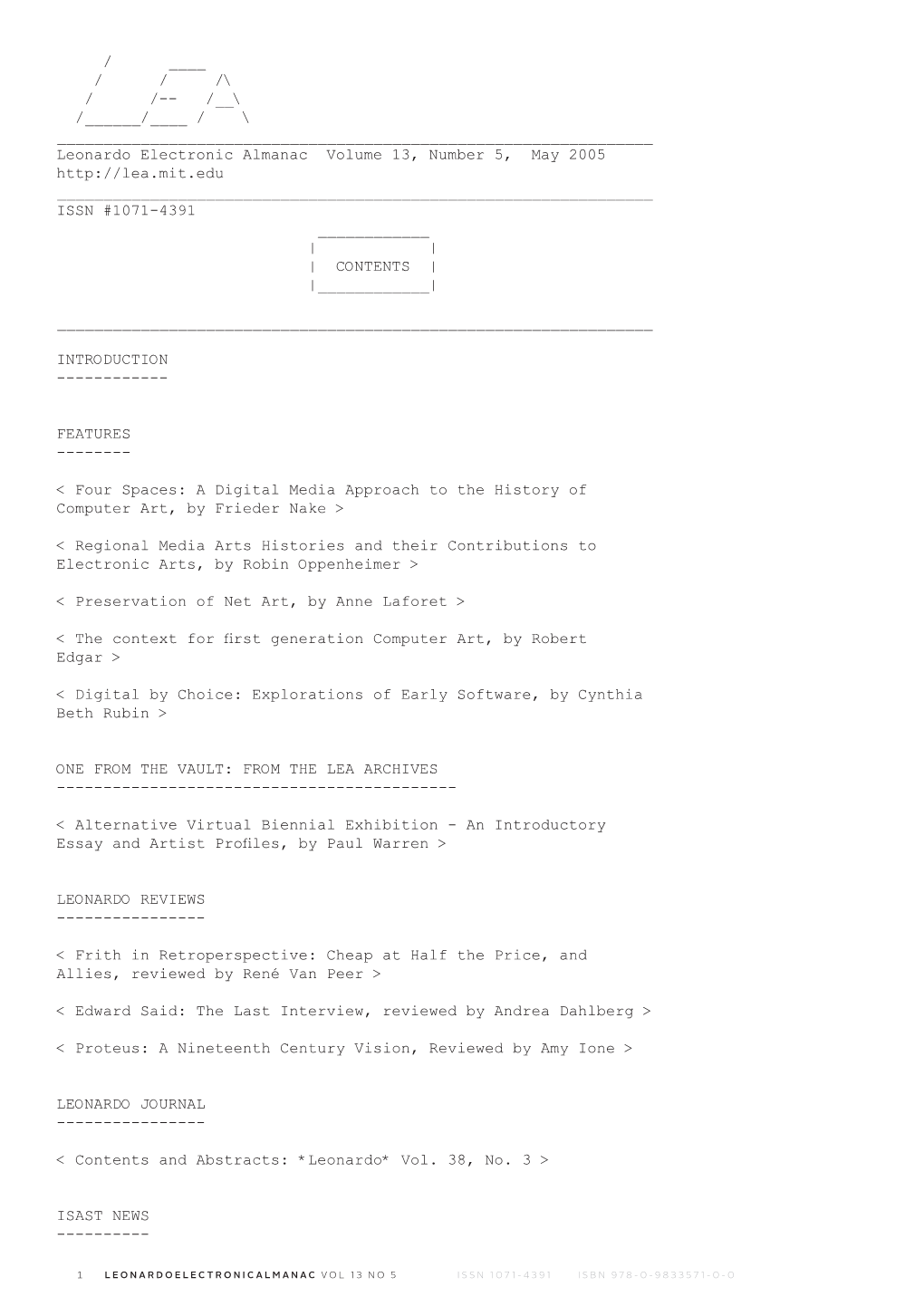 Leonardo Electronic Almanac Volume 13, Number 5, May 2005 ______ISSN #1071-4391 ______| | | CONTENTS | |______|