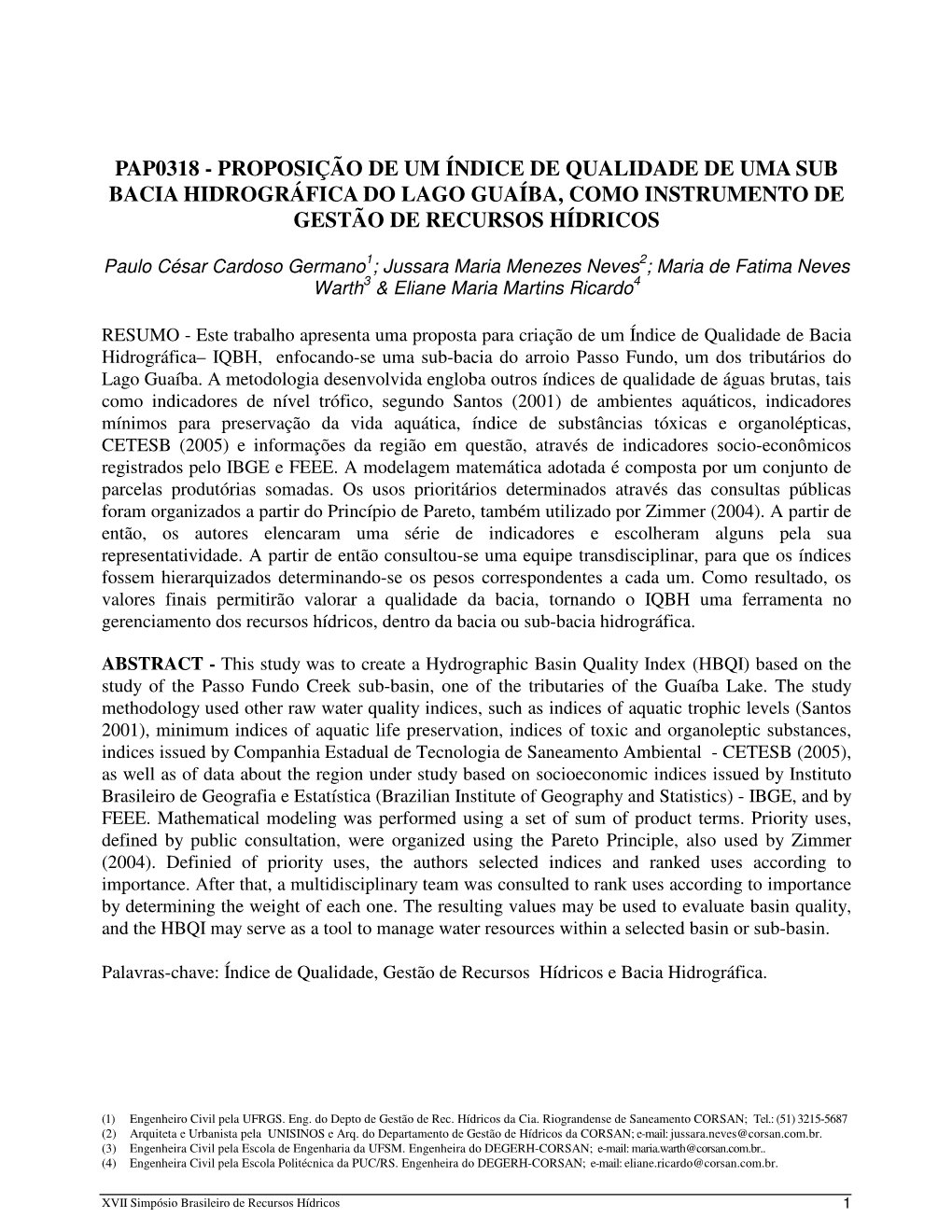 Proposição De Um Índice De Qualidade De Uma Sub Bacia Hidrográfica Do Lago Guaíba, Como Instrumento De Gestão De Recursos Hídricos