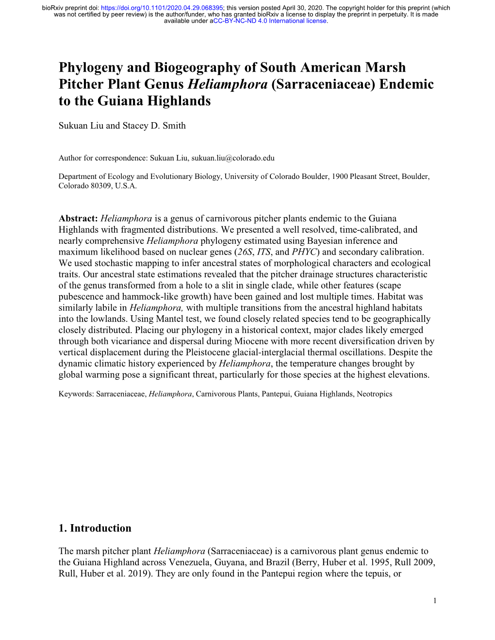 Phylogeny and Biogeography of South American Marsh Pitcher Plant Genus Heliamphora (Sarraceniaceae) Endemic to the Guiana Highlands