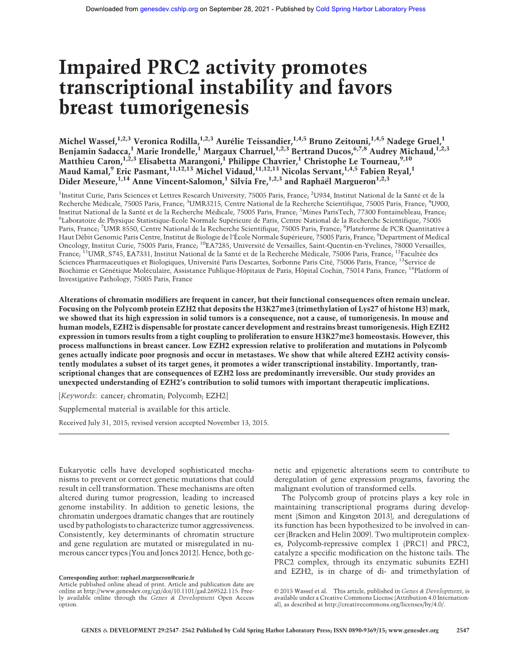 Impaired PRC2 Activity Promotes Transcriptional Instability and Favors Breast Tumorigenesis