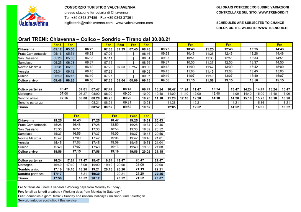 Orari TRENI: Chiavenna – Colico – Sondrio – Tirano Dal 30.08.21