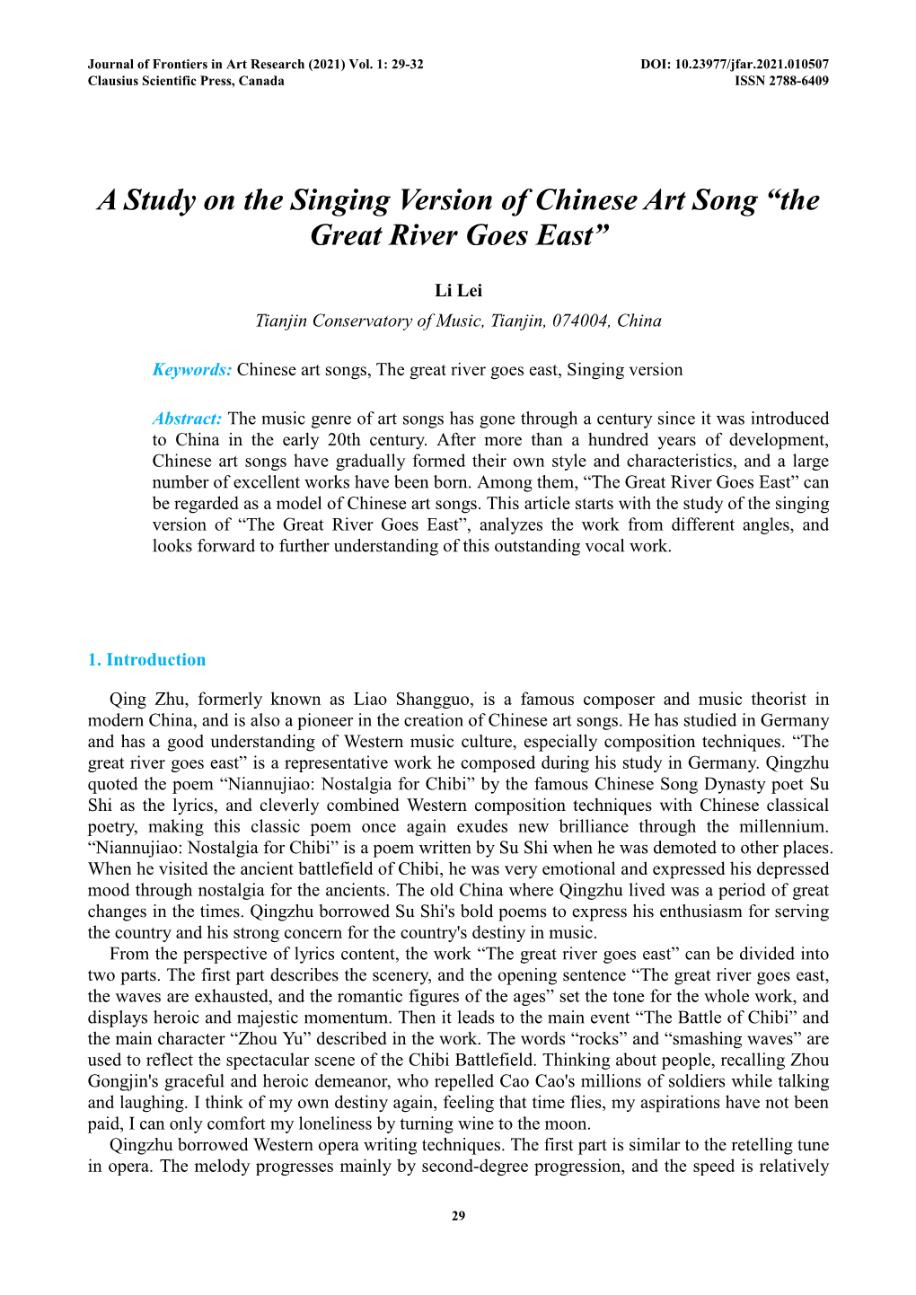 A Study on the Singing Version of Chinese Art Song “The Great River Goes East”