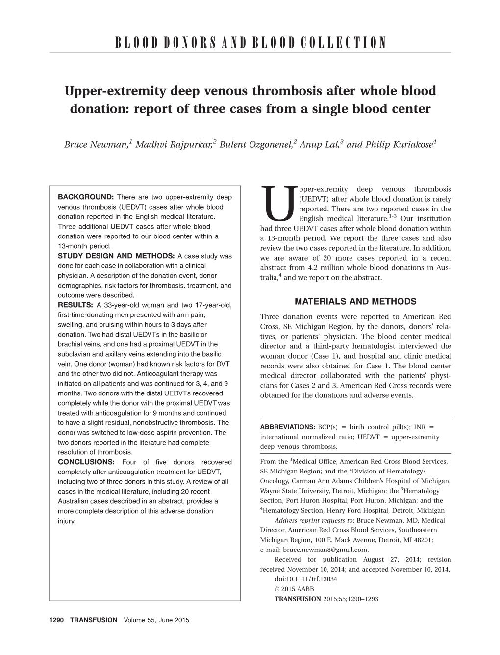 Upper-Extremity Deep Venous Thrombosis After Whole Blood Donation: Report of Three Cases from a Single Blood Center