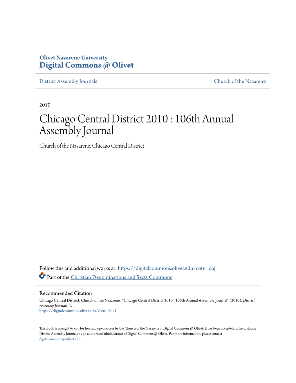 Chicago Central District 2010 : 106Th Annual Assembly Journal Church of the Nazarene