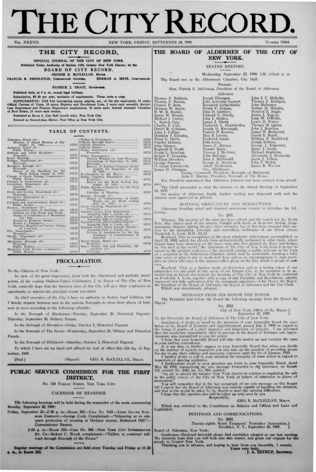 The City Record. the Board of Aldermen of the City of New York. Proclamation. Public Service Commission for the First District