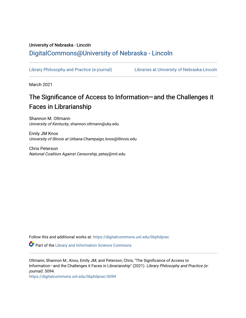 The Significance of Access to Information—And the Challenges It Faces in Librarianship