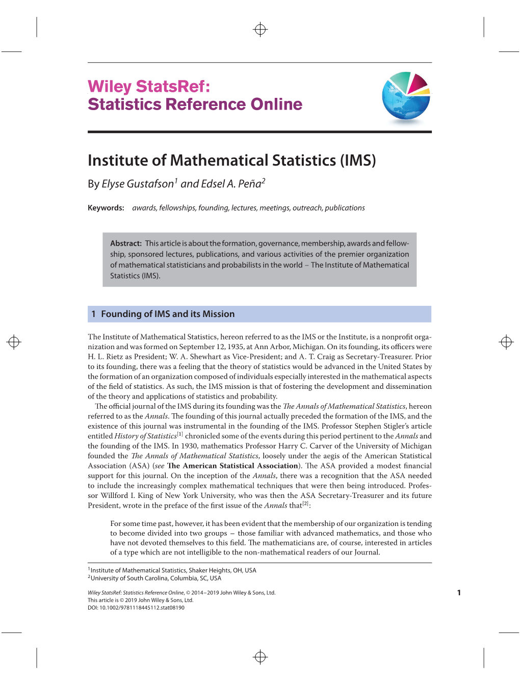 Wiley Statsref: Statistics Reference Online, © 2014–2019 John Wiley & Sons, Ltd