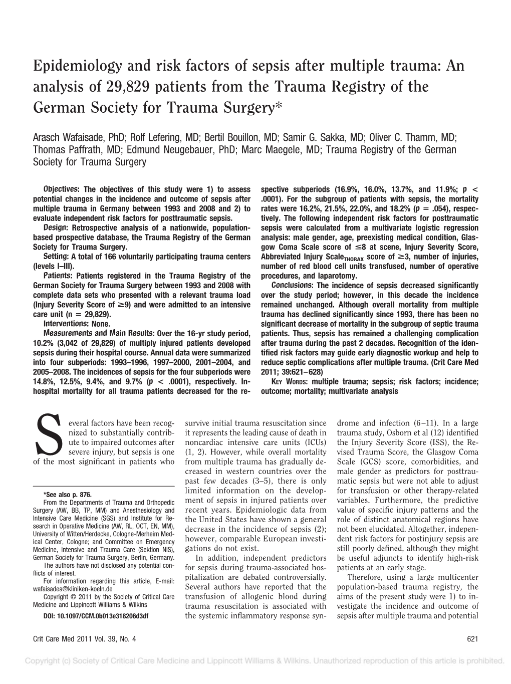 Epidemiology and Risk Factors of Sepsis After Multiple Trauma: an Analysis of 29,829 Patients from the Trauma Registry of the German Society for Trauma Surgery*