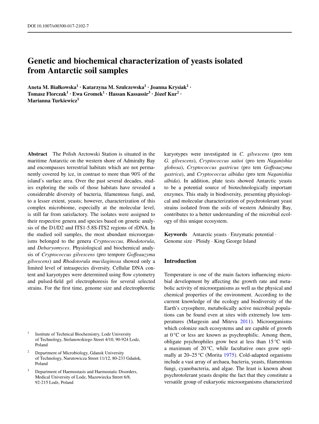 Genetic and Biochemical Characterization of Yeasts Isolated from Antarctic Soil Samples